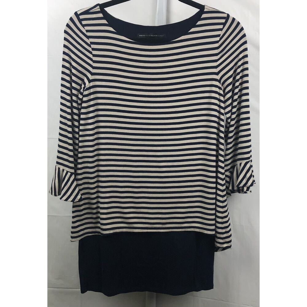 White House Black Market Top Women XS Blue Beige Stripe Layered Tunic Stretch - Picture 10 of 12